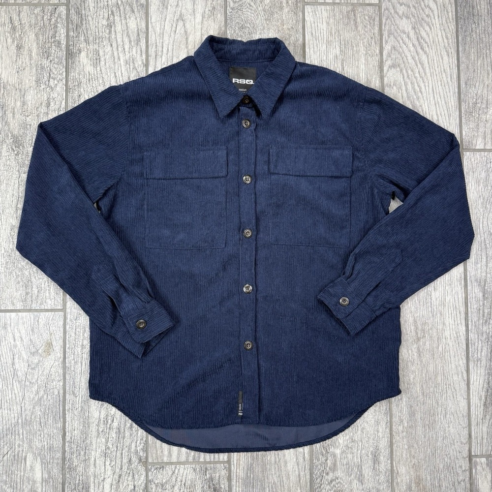 RSQ Blue‎ Corduroy Button Down Long Sleeve 100% Polyester Shirt Size Medium